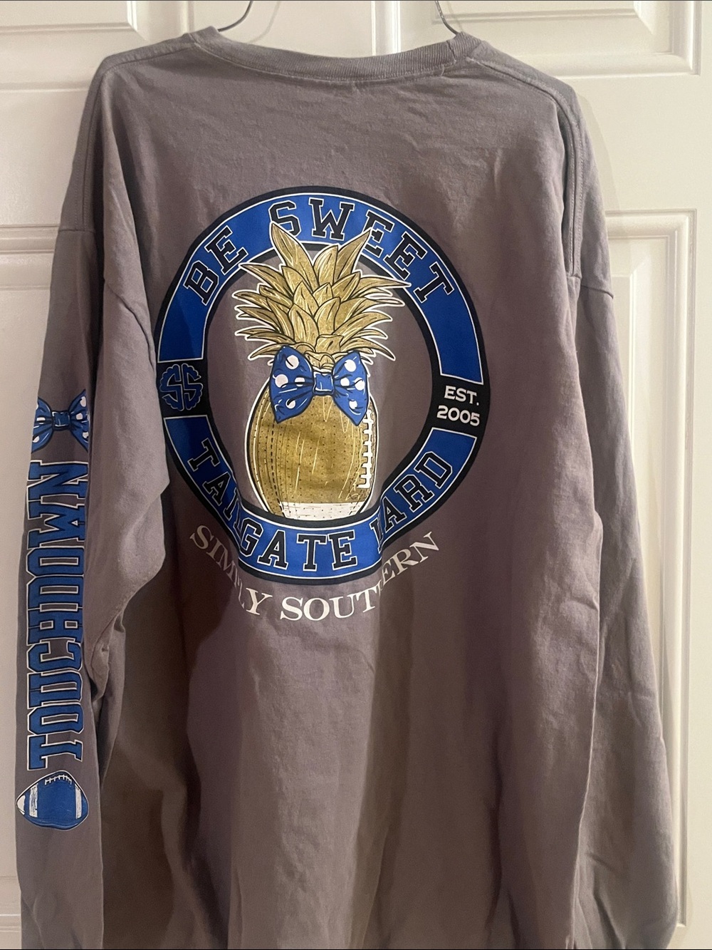 Simply Southern Gray Crewneck with Blue & Gold Pineapple Graphic